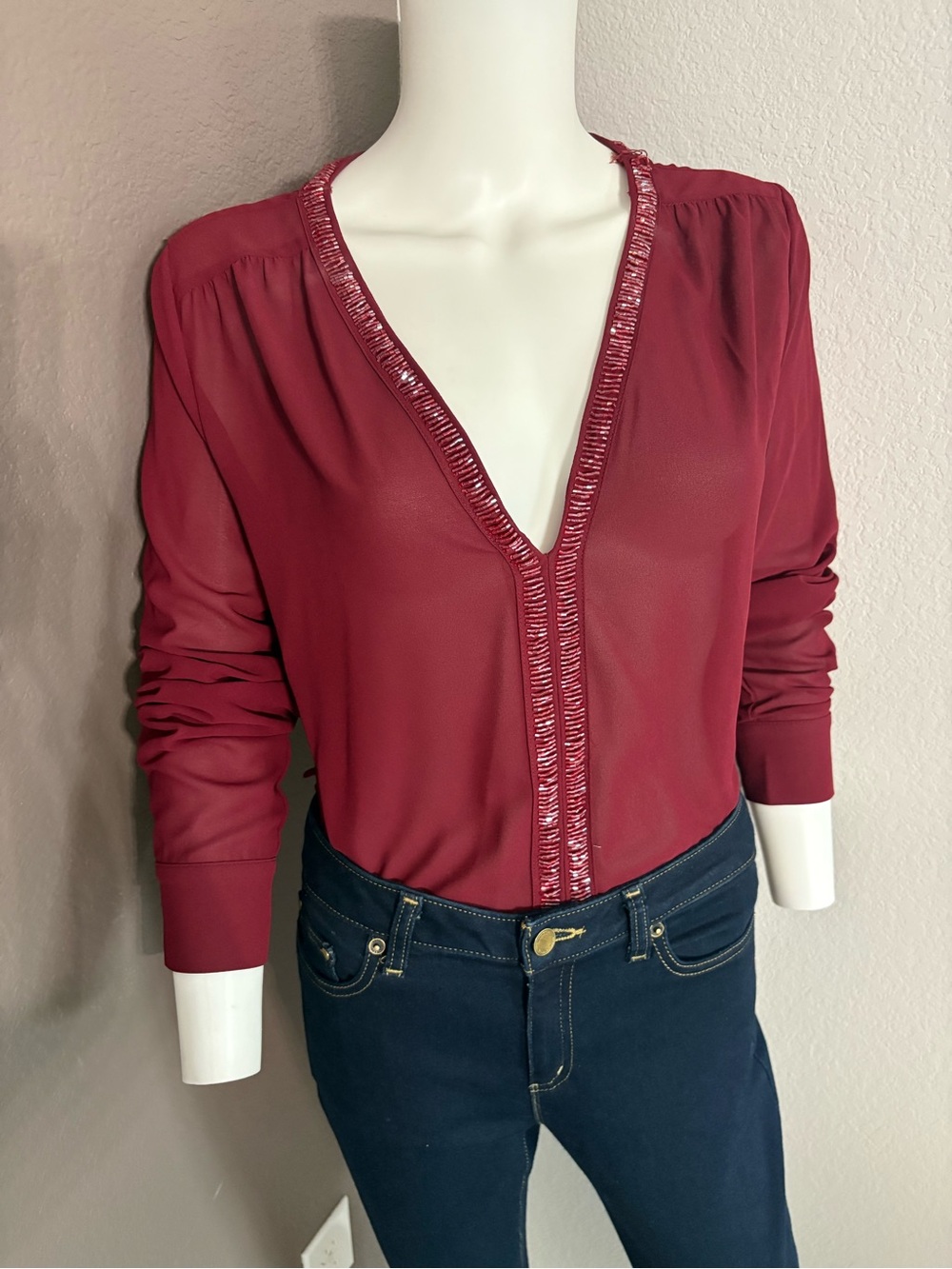 Honey Punch Burgundy V‑Neck Blouse w/ Trim Detail | Size M